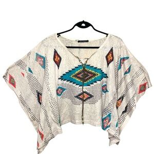 QED London Cream Knit Southwestern Boxy Pullover Poncho Sweater M/L Aztec Boho